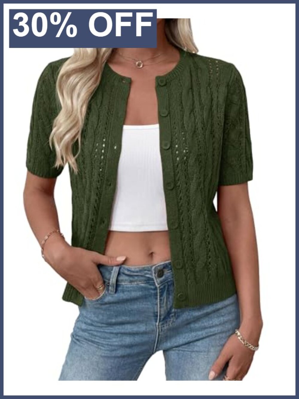 Crochet Cable Knit Cardigan Sweater Short Sleeve Button Front Womens